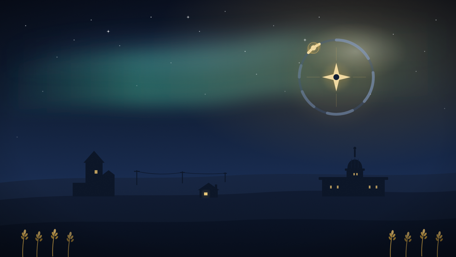Illustration of a glowing segmented ring with one highlighted arc and a four-point compass rose at its centre, over a Saskatchewan prairie skyline
