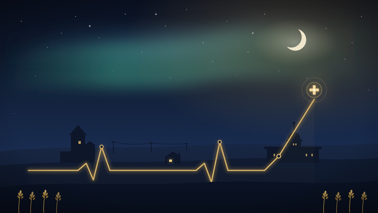 Illustration of a glowing heartbeat pulse line rising into a medical cross, over a Saskatchewan prairie skyline