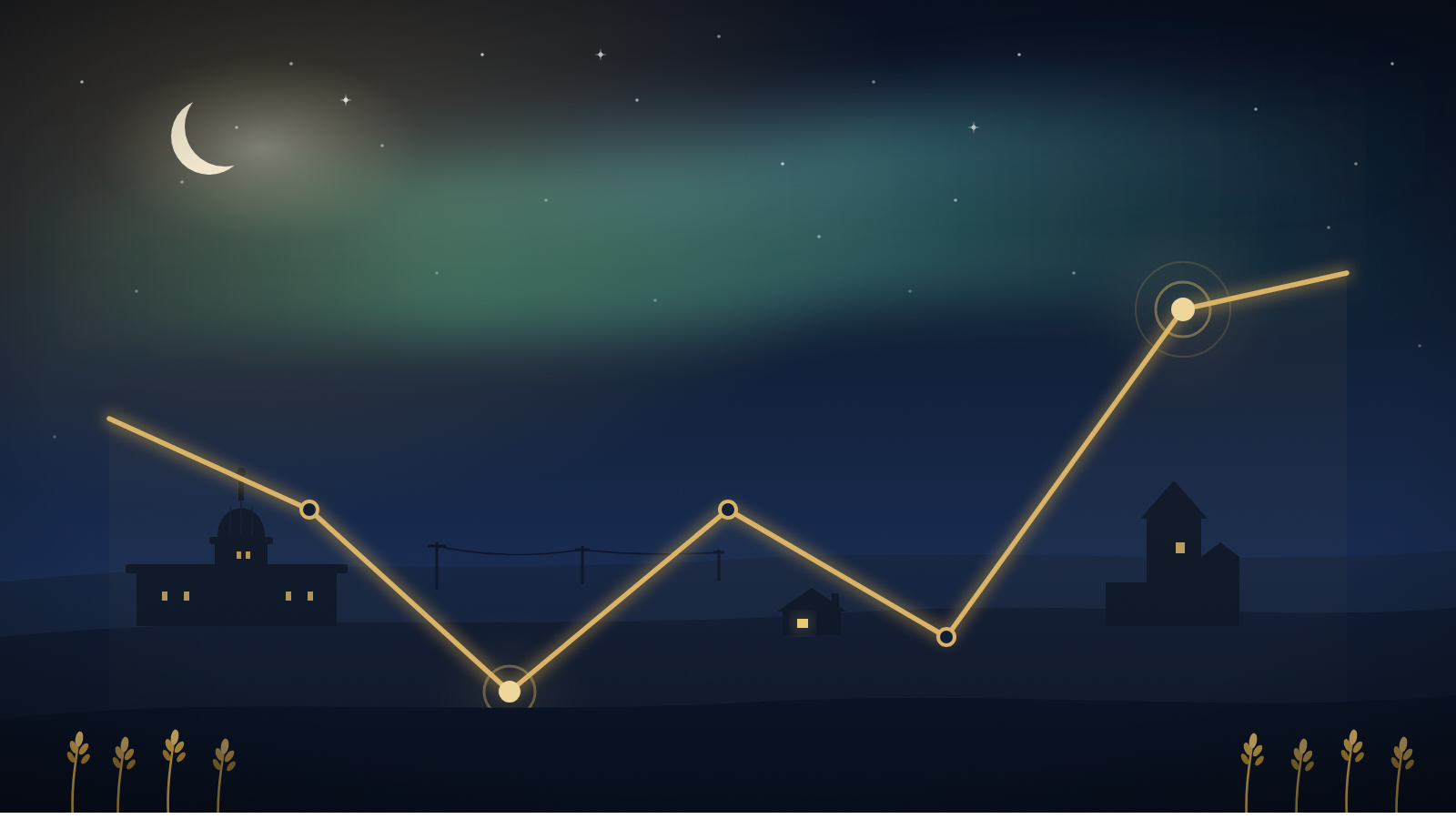 Illustration of a zigzagging cutoff-score line dipping sharply then climbing to a bright peak, over a Saskatchewan prairie skyline