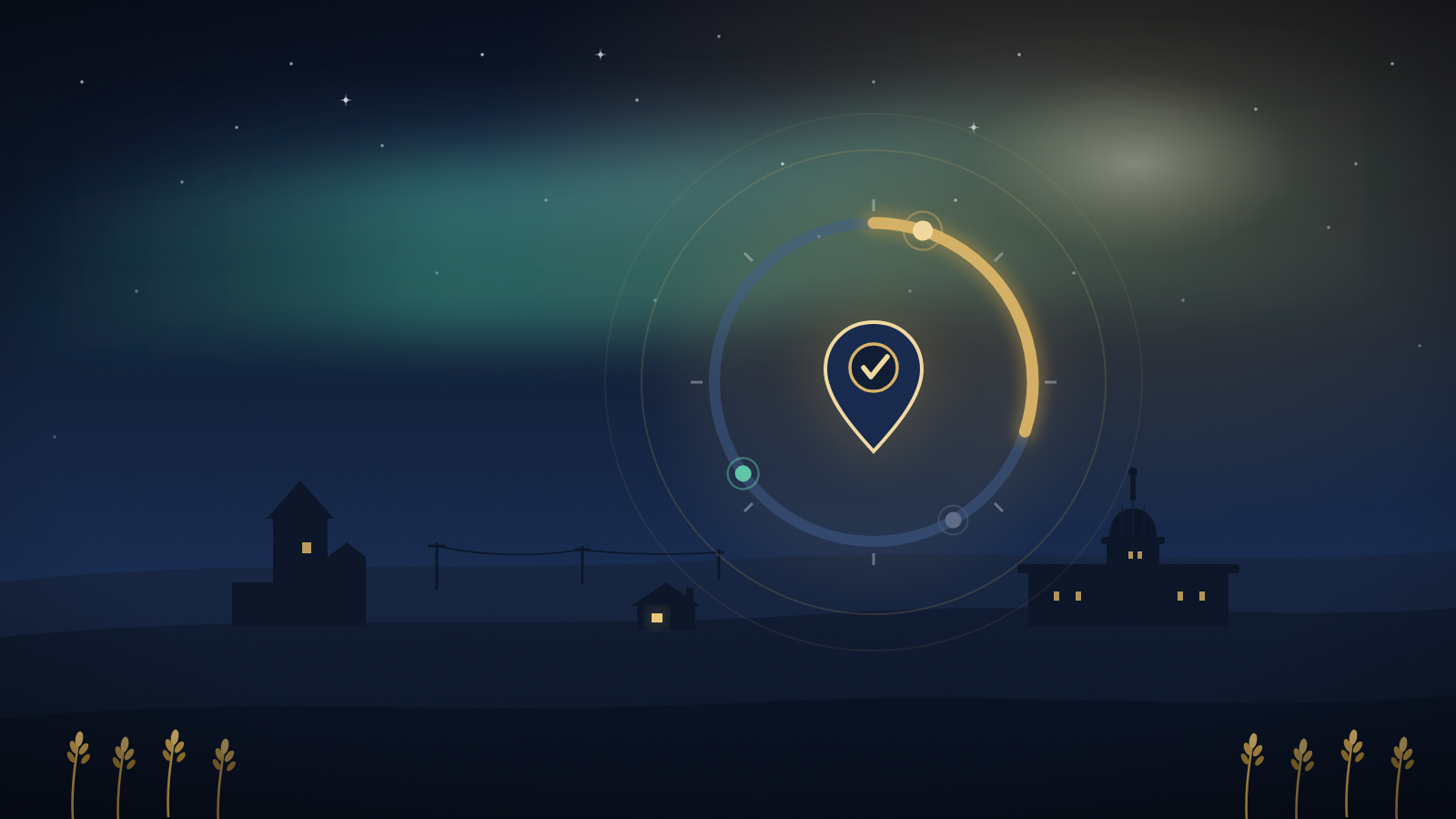 Illustration of a glowing workforce cap dial with a location pin at its centre and two region markers, over a Saskatchewan prairie skyline