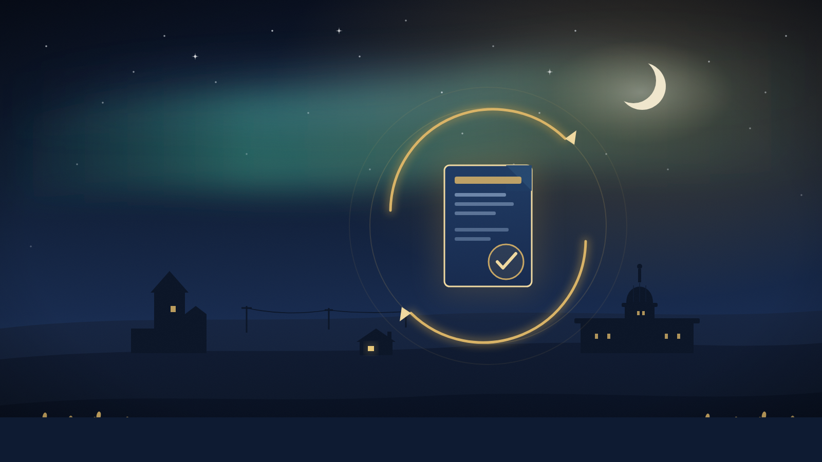Illustration of a glowing work permit document inside a circular reciprocal exchange arrow over a Saskatchewan prairie skyline