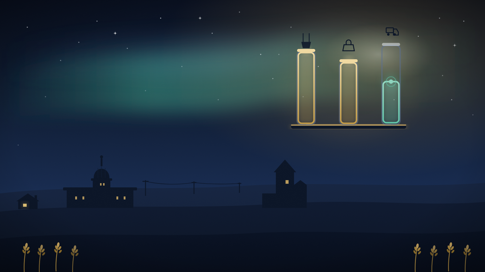 Illustration of three glowing quota gauges over a Saskatchewan prairie skyline, two full and one still open