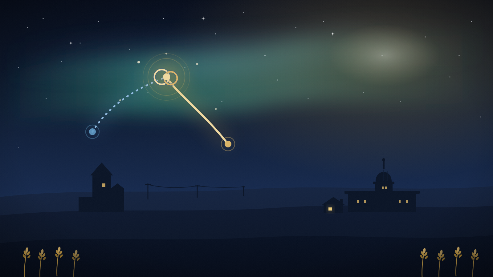 Illustration of two glowing paths converging into a linked-rings gateway, over a Saskatchewan prairie skyline